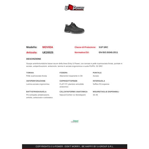 Scarpe antinfortunistiche in pelle di camoscio Movida S1P U-Power nero-grigio n° 40 - UE20025 MOVIDA S1P 40